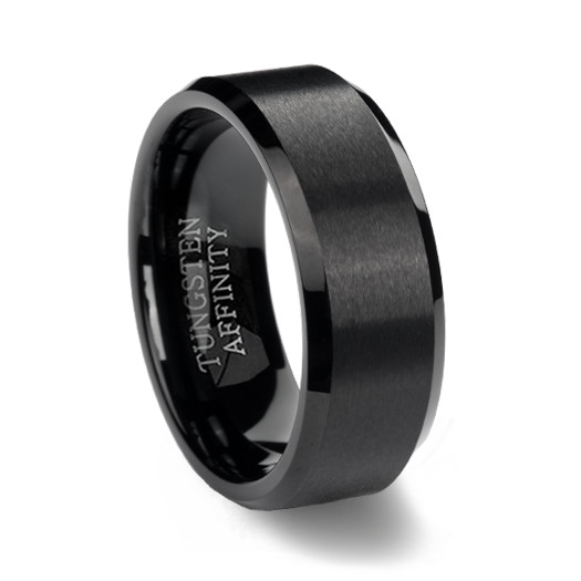 Black Brushed Tungsten Carbide Wedding Ring with Beveled Edge