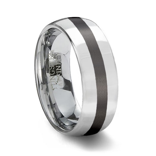 Polished Tungsten Carbide Wedding Ring  Black Ceramic Inlay