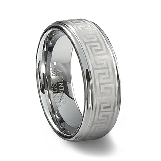 Tungsten Carbide Laser Engraved Designed Greek Key Ring